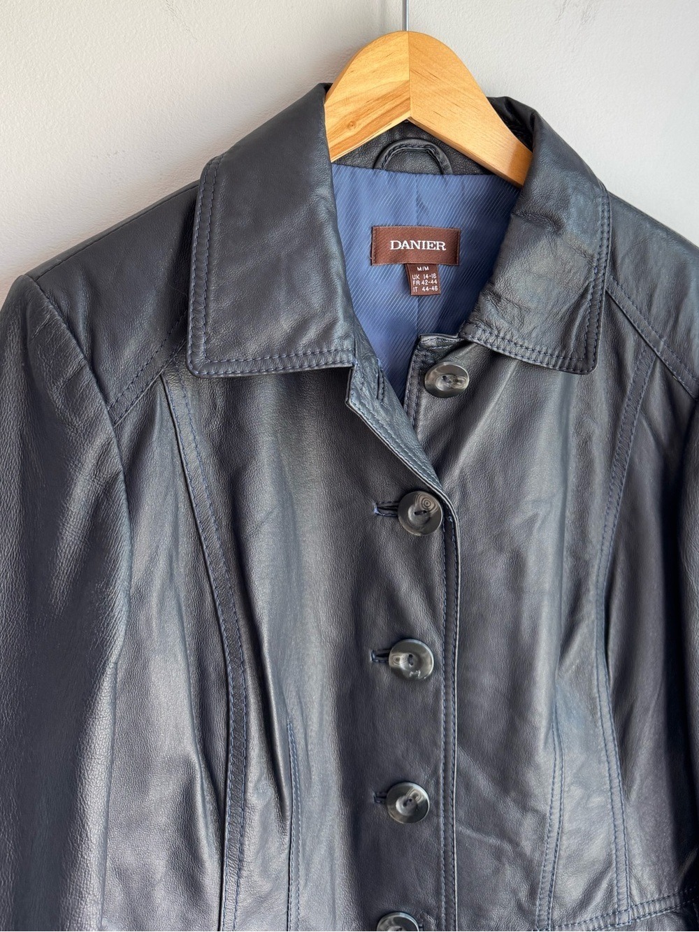 Danier Slate Blue Leather Jacket M Button Front Blazer Coat Fall Navy Y2K Classy - Picture 2 of 13
